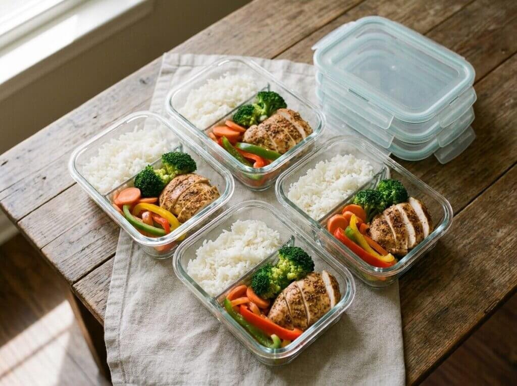 Chicken and rice meal prep bowls with vegetables in glass containers
