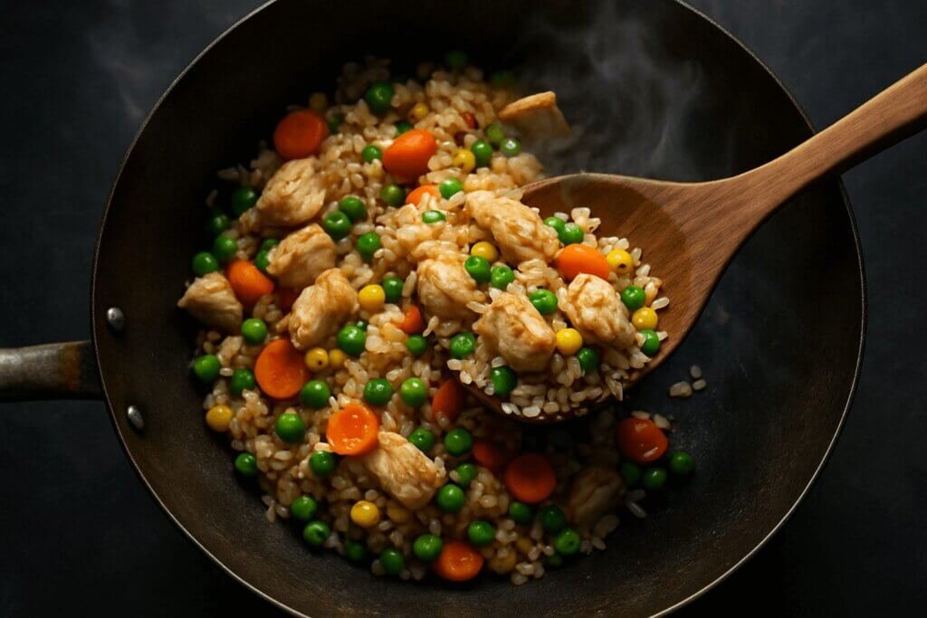 chicken fried rice cooking in a wok with vegetables