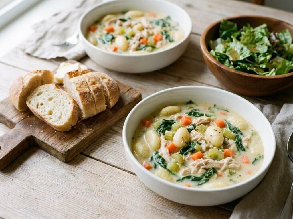 Two bowls of chicken gnocchi soup with slices of crusty bread and a green salad