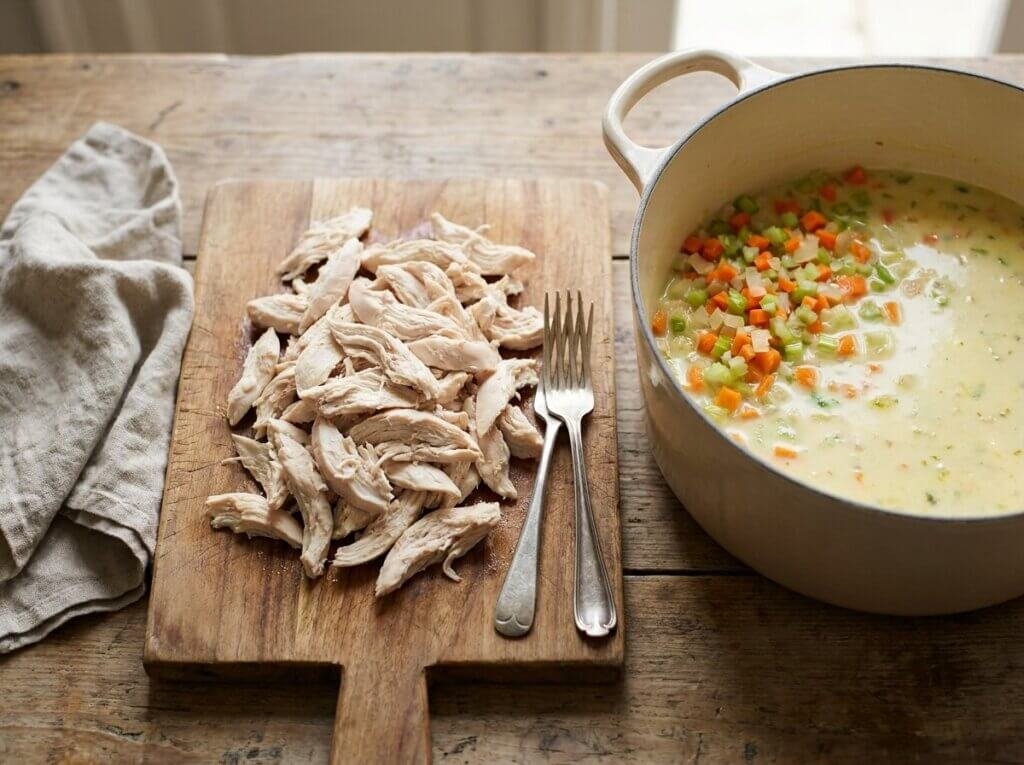 Shredded chicken breast on a cutting board next to a pot of creamy soup with diced carrots and celery