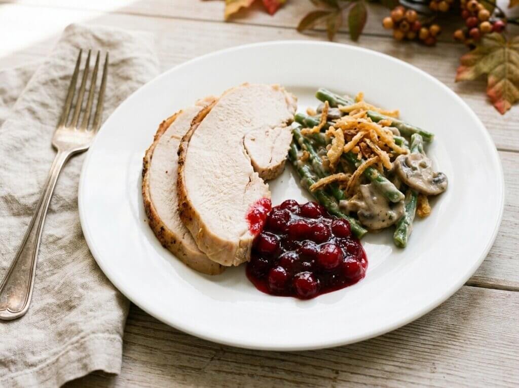 Cranberry sauce on a Thanksgiving plate with sliced turkey and green bean casserole