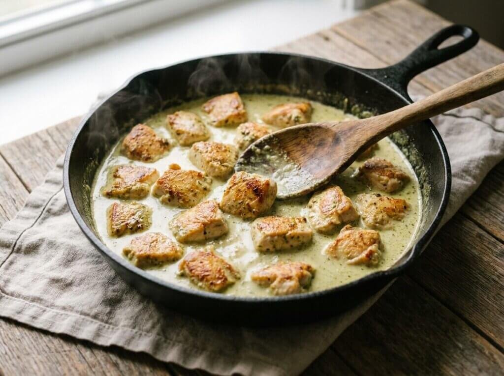 Chicken pieces simmering in creamy pesto sauce in a skillet