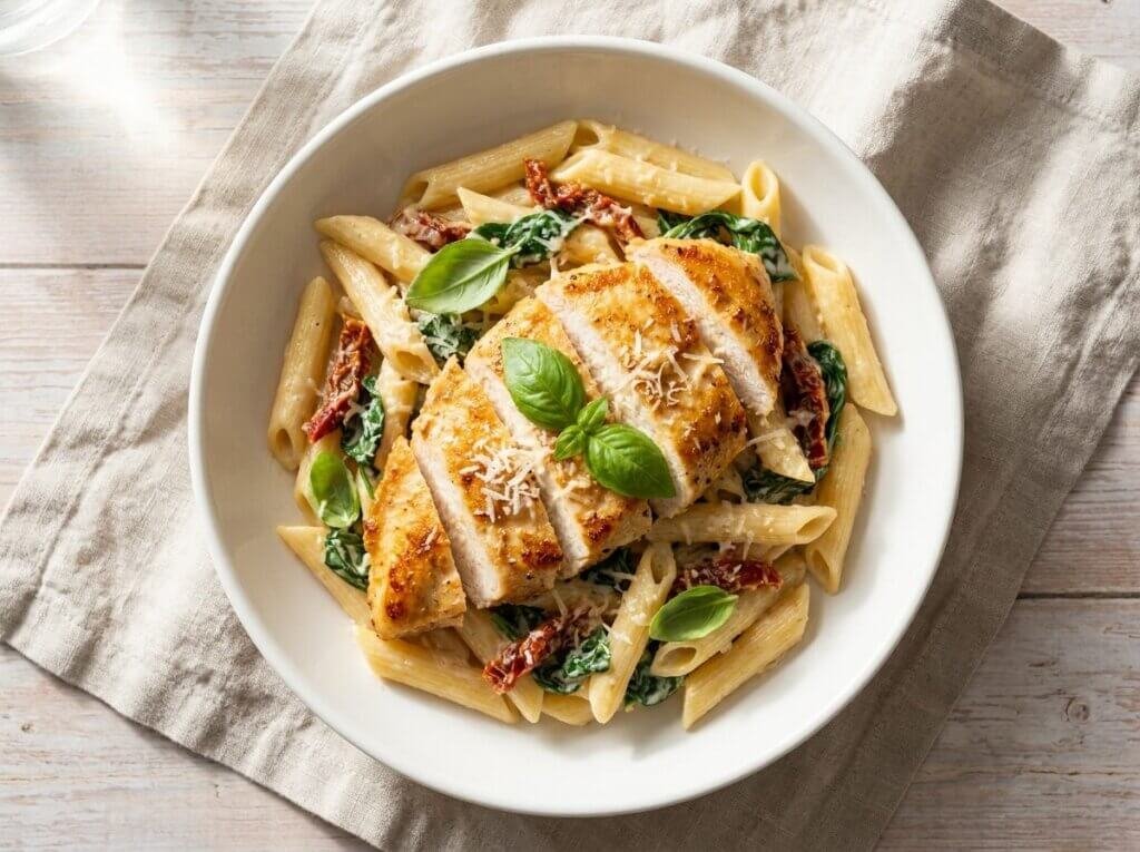 Creamy Tuscan chicken cutlet with sauce served over penne in a white bowl