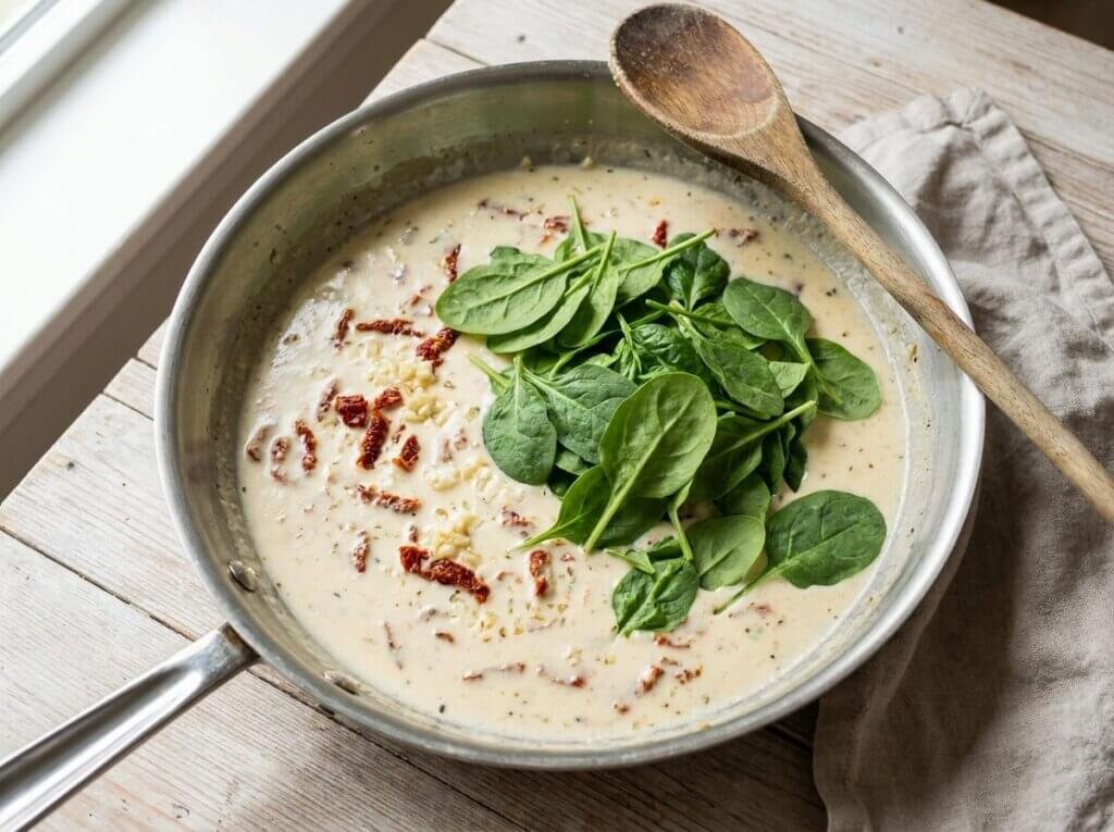 Parmesan cream sauce with sun-dried tomatoes and spinach simmering in a skillet