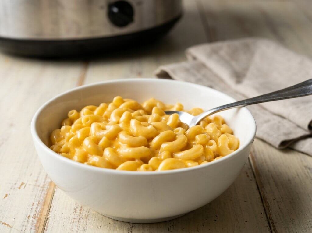 A bowl of creamy crockpot mac and cheese with a spoon