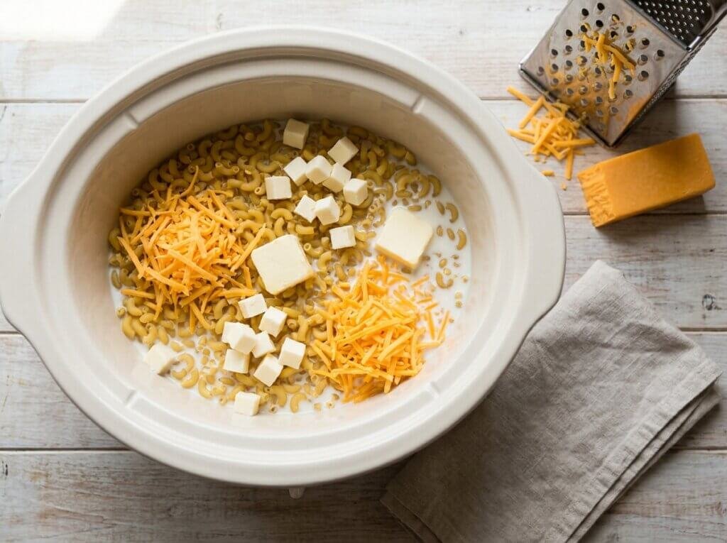 Uncooked elbow macaroni, milk and shredded cheddar in a slow cooker before cooking