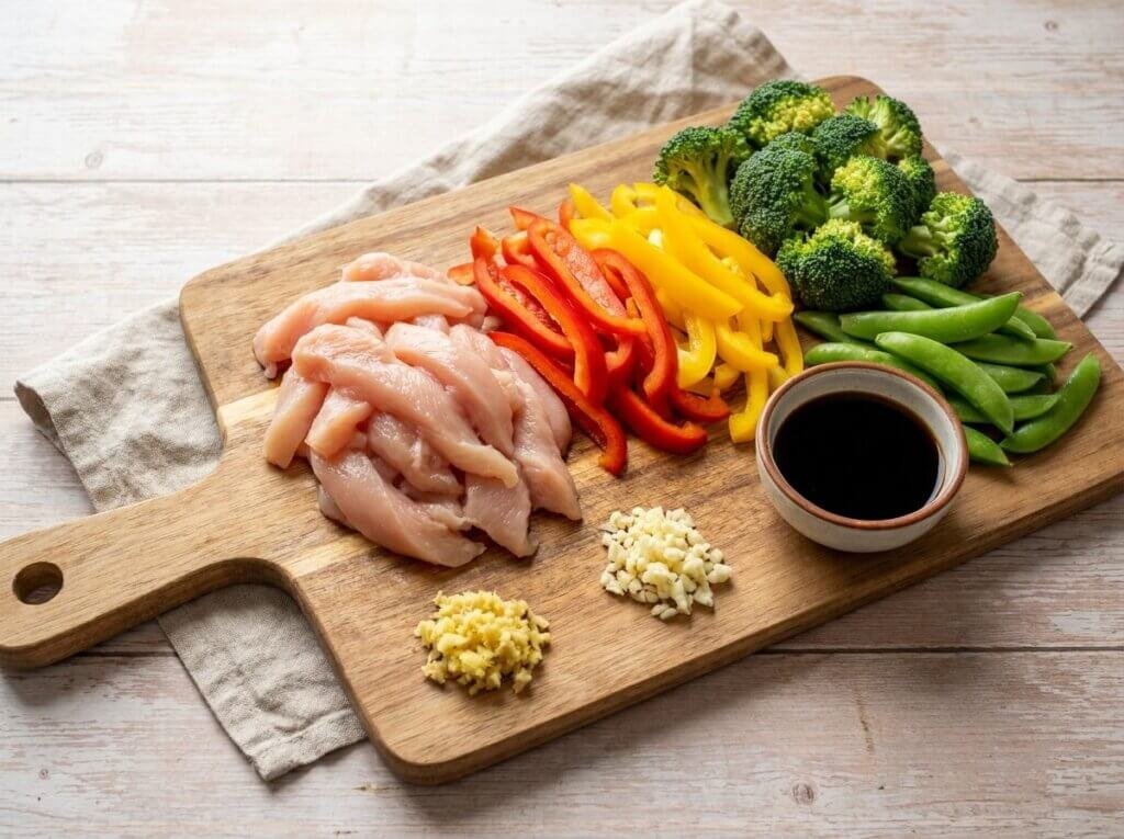 Sliced chicken, bell peppers, broccoli, and snap peas prepped for stir fry