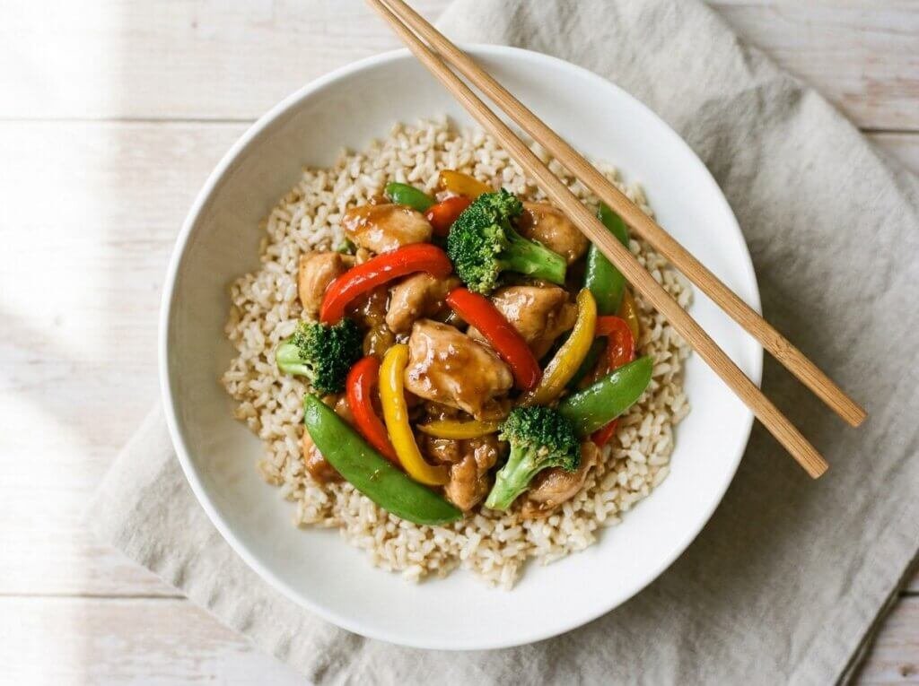 Chicken stir fry served over brown rice in a white bowl