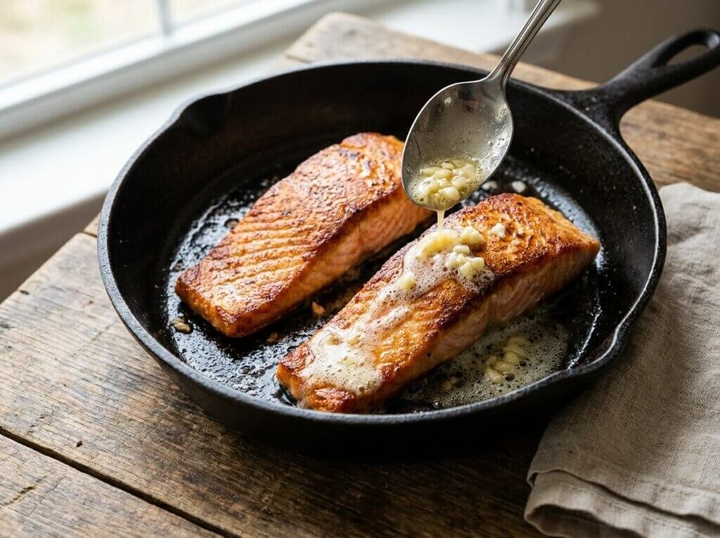 Salmon fillets basted with garlic butter in a cast-iron skillet