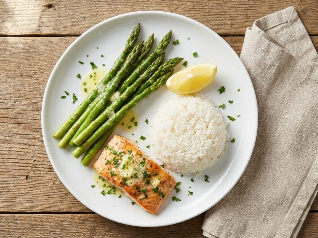 Garlic butter salmon with asparagus, rice, and a lemon wedge on a white plate