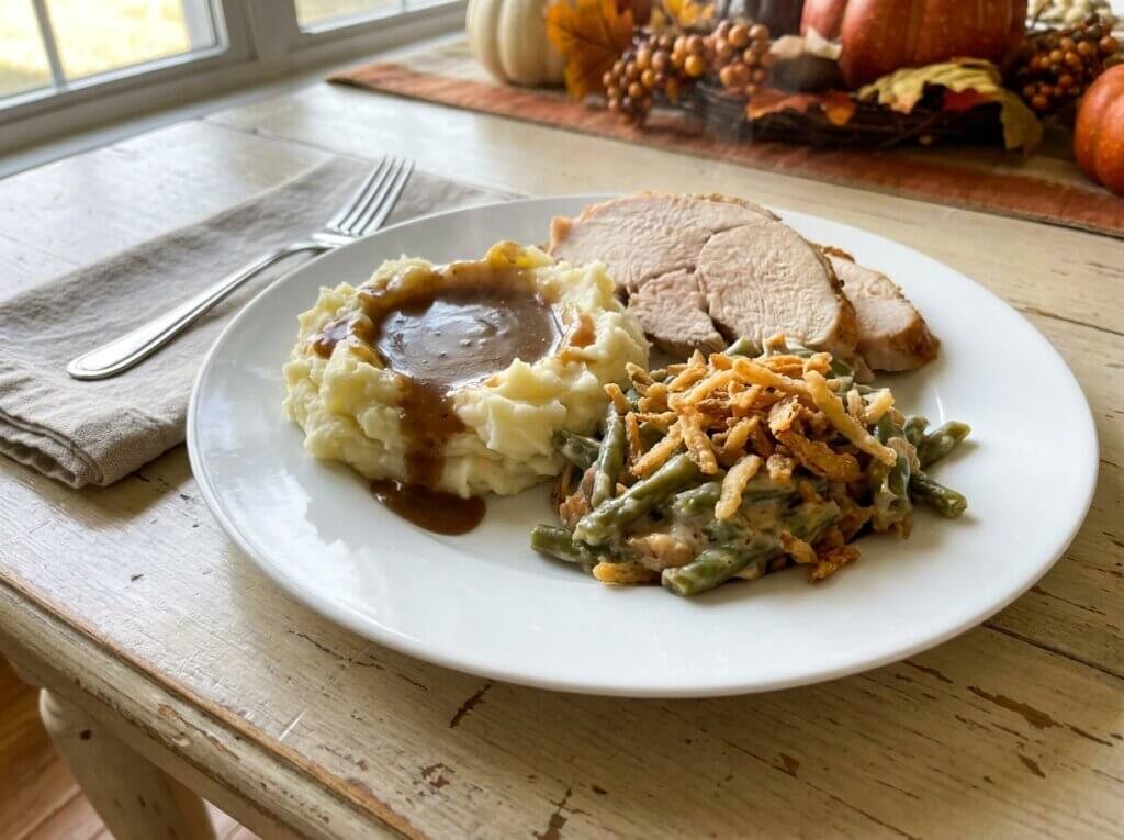 Garlic mashed potatoes with gravy on a Thanksgiving plate with sliced turkey and green bean casserole