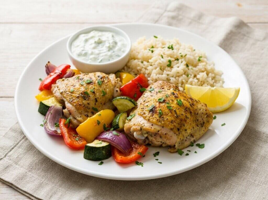 Greek sheet pan chicken thighs with roasted vegetables, rice, and tzatziki