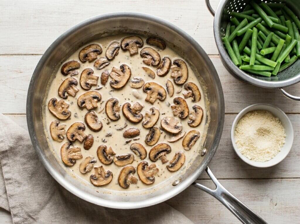 Browned mushrooms in a creamy sauce in a skillet with blanched green beans