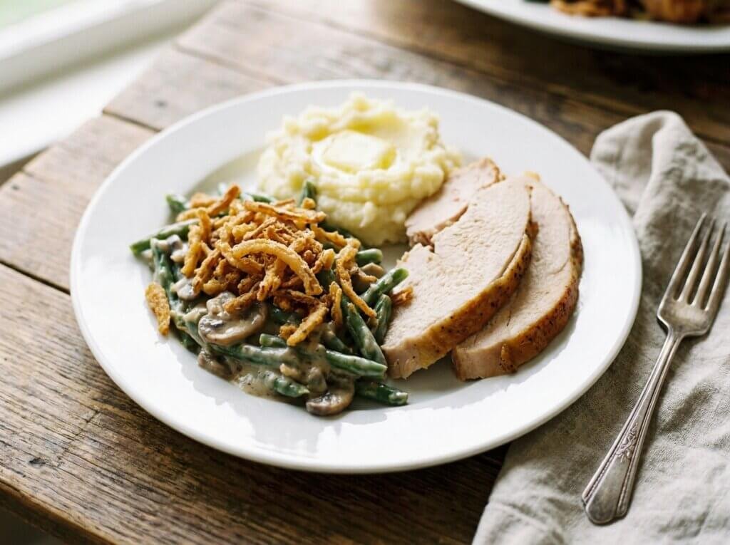 Green bean casserole served on a holiday plate with roast turkey and mashed potatoes