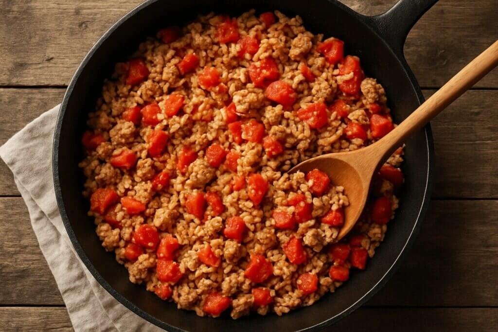Ground turkey and rice filling cooking in a skillet