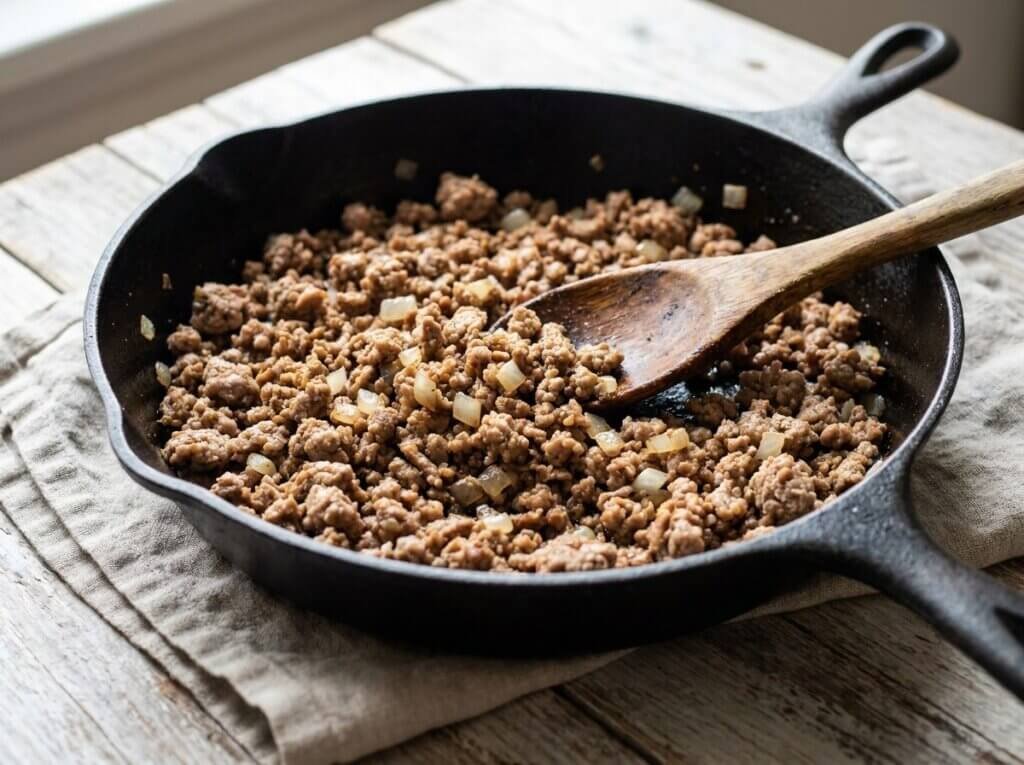 Seasoned ground turkey cooking in a skillet for tacos