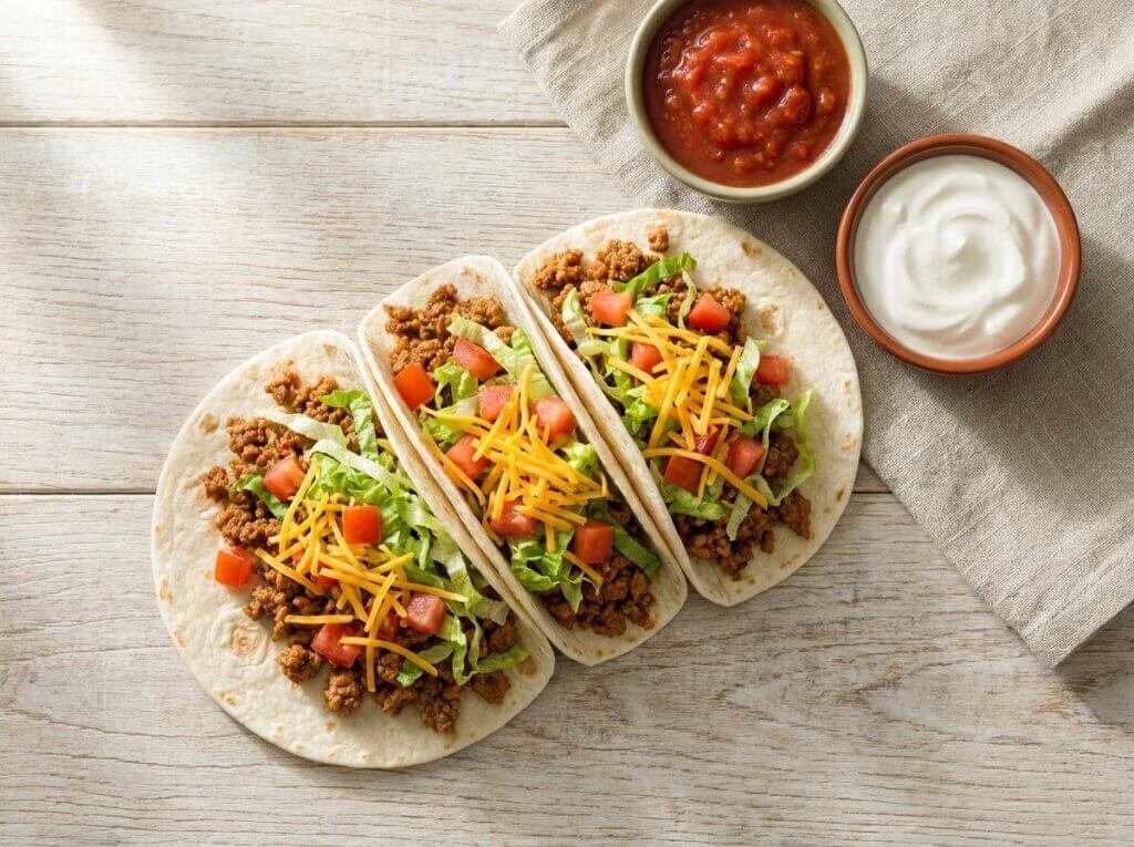 Ground turkey tacos with lettuce, tomatoes, cheese, salsa, and sour cream