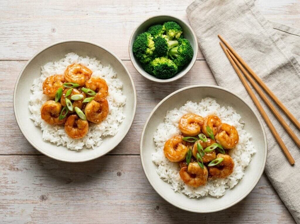 Honey garlic shrimp over white rice with green onions and a side of broccoli