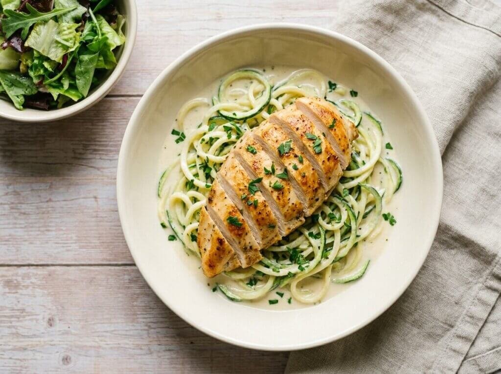 Keto chicken alfredo with sliced chicken over zucchini noodles and a side salad