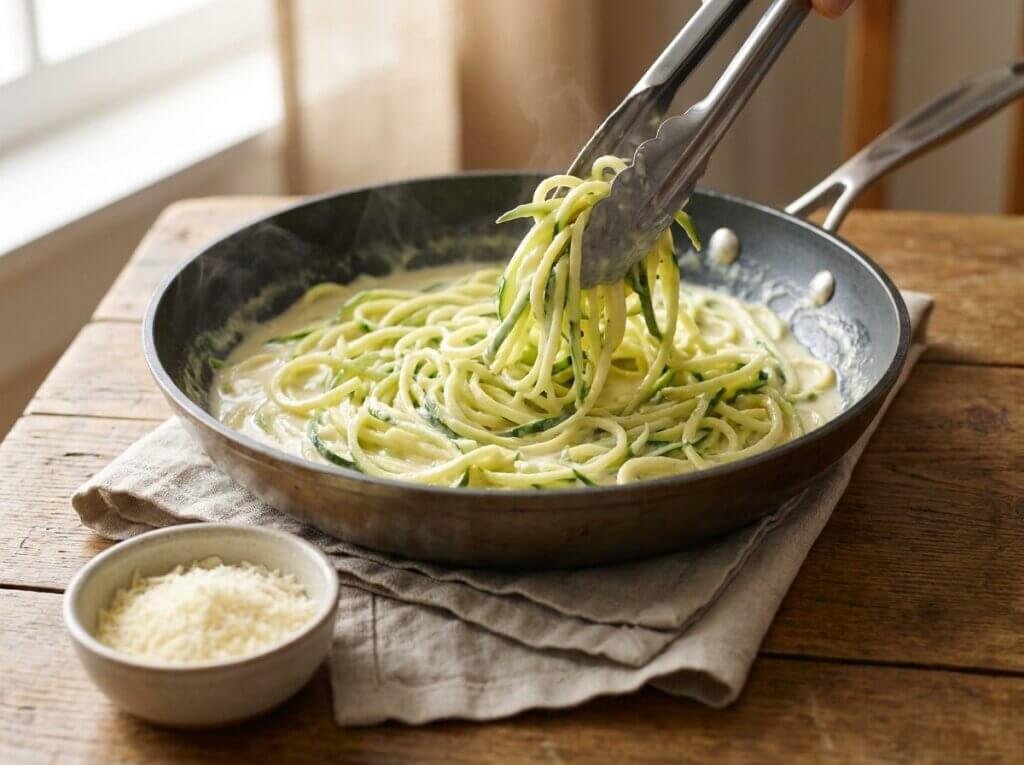 Zucchini noodles tossed in creamy Parmesan alfredo sauce in a skillet