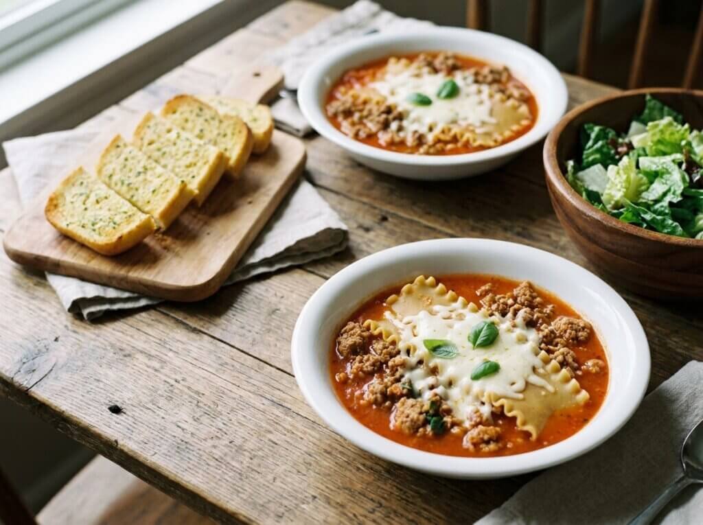 Two bowls of lasagna soup with cheese topping, garlic bread and a green salad