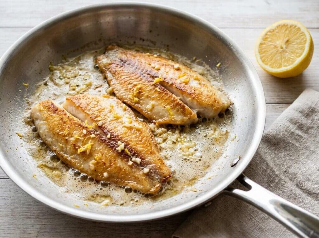 Golden tilapia fillets searing in butter in a stainless steel skillet