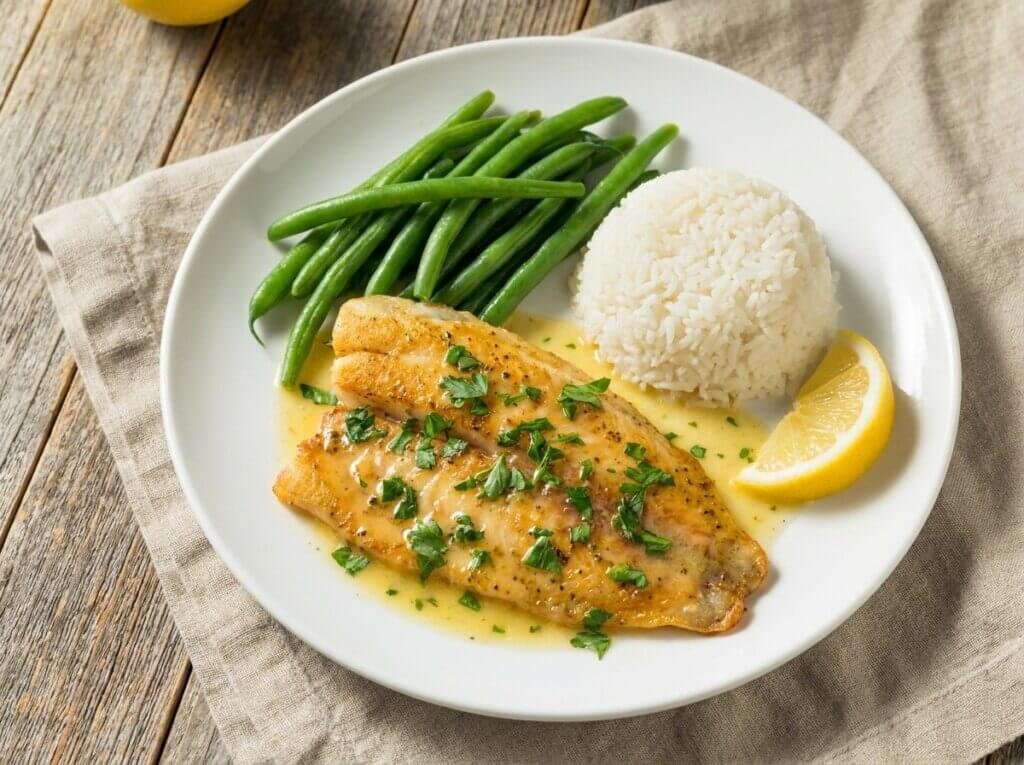 Lemon butter tilapia fillet with green beans and rice on a white plate