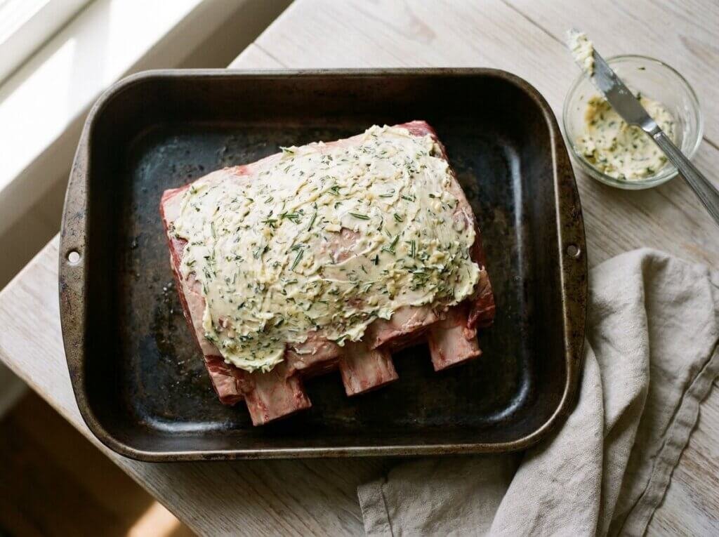 Raw bone-in rib roast spread with garlic herb butter in a roasting pan