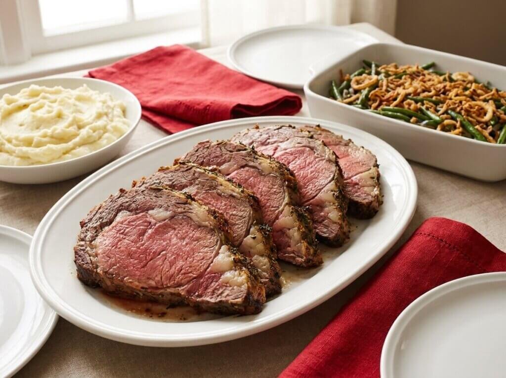 Sliced prime rib on a platter with mashed potatoes and green bean casserole