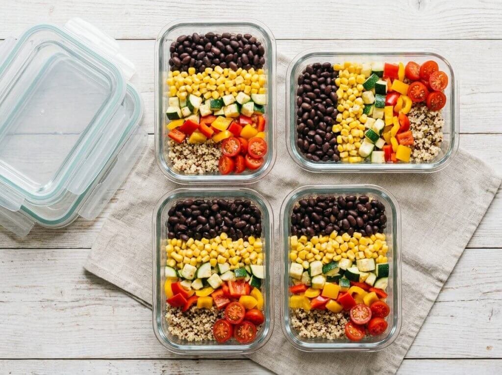 Quinoa veggie power bowls packed in glass meal prep containers