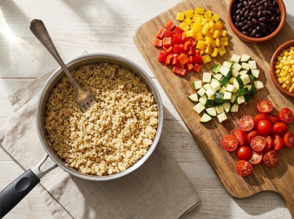 Cooked quinoa with chopped vegetables, black beans, and corn ready for assembly
