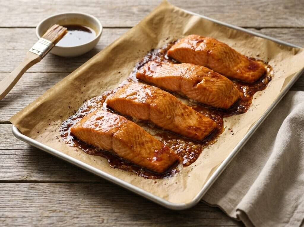 Honey-soy glazed salmon fillets on a parchment-lined baking sheet