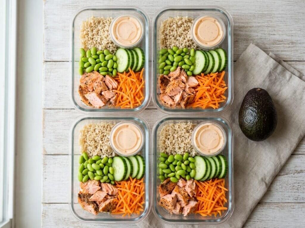 Salmon rice bowls packed in glass meal prep containers