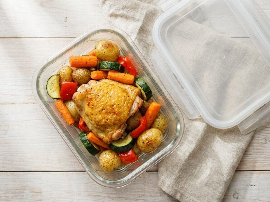 Leftover sheet pan chicken and vegetables in a glass storage container