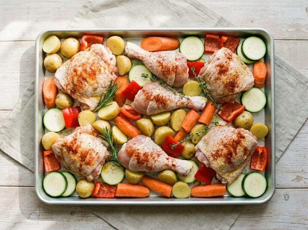 Seasoned bone-in chicken thighs and drumsticks with potatoes and vegetables on a sheet pan before roasting