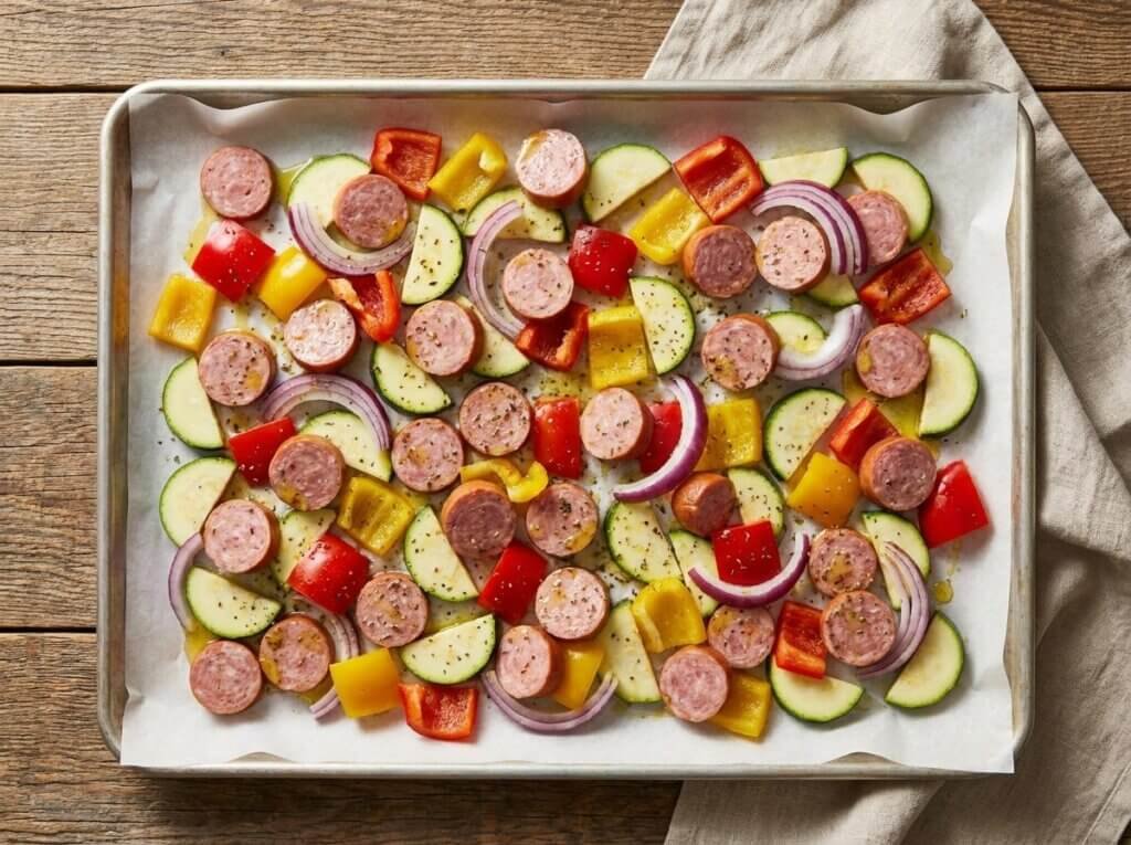 Sliced smoked sausage and vegetables seasoned on a sheet pan before roasting