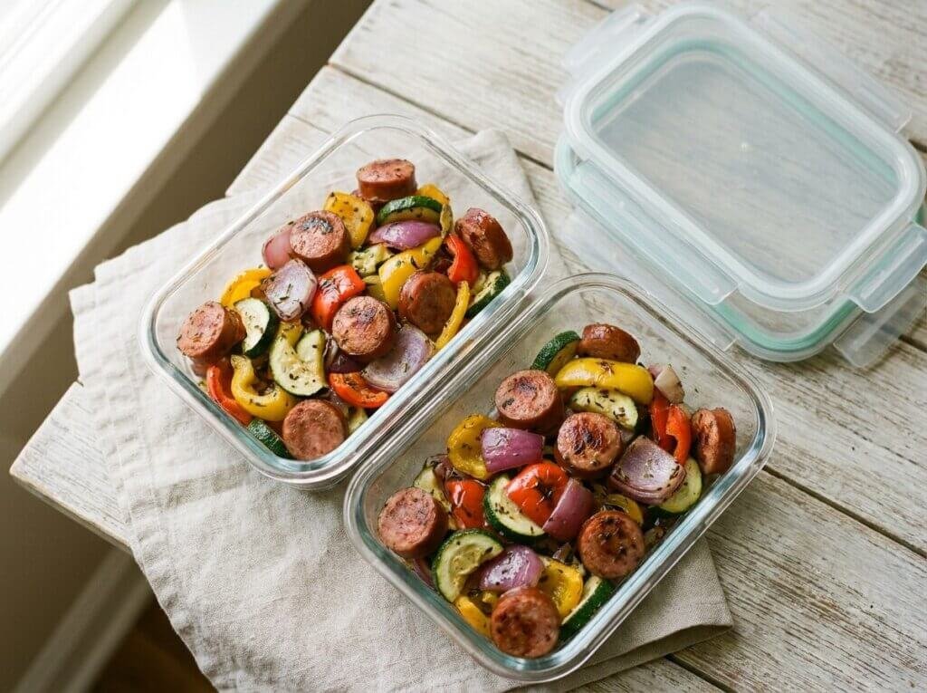 Sheet pan sausage and vegetables in glass meal prep containers