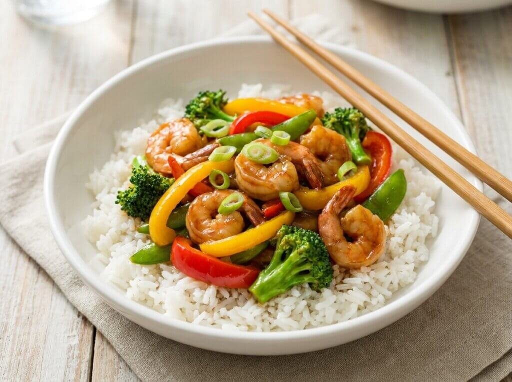 Shrimp and vegetable stir fry served over steamed rice