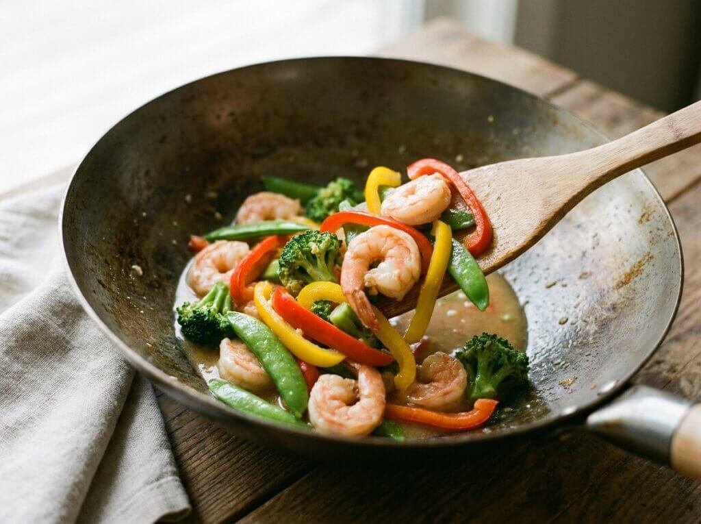 Shrimp, bell peppers, broccoli, and snap peas stir frying in a wok