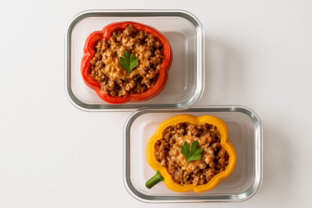 Stuffed bell peppers with turkey packed in meal prep containers