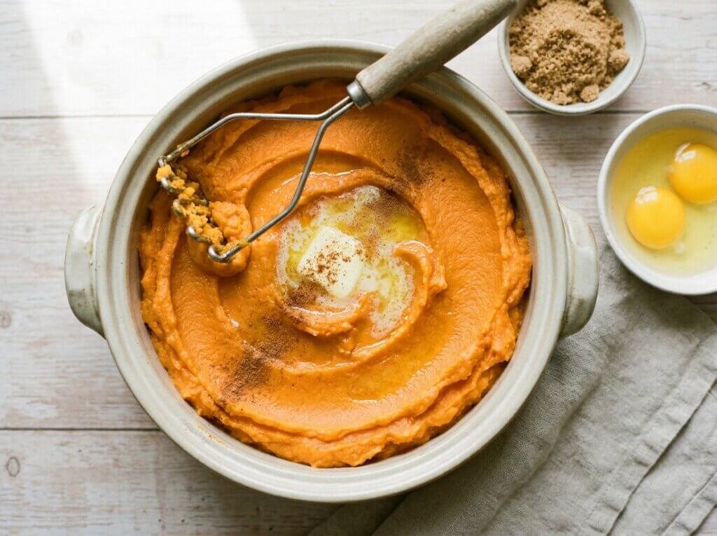 Mashed sweet potatoes with butter and cinnamon in a pot next to a potato masher