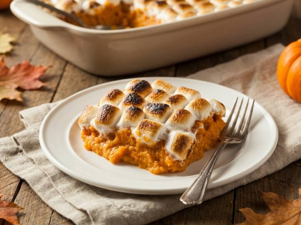A serving of sweet potato casserole with toasted marshmallows on a white plate
