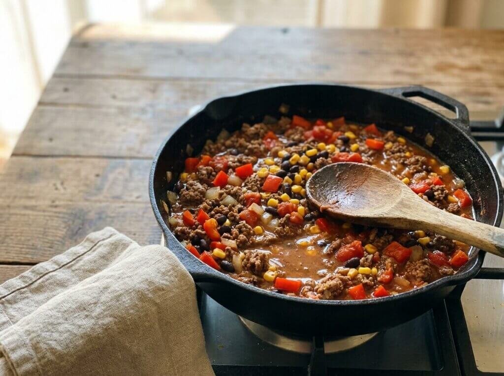 Ground beef, black beans, corn, and tomatoes simmering in a cast-iron skillet