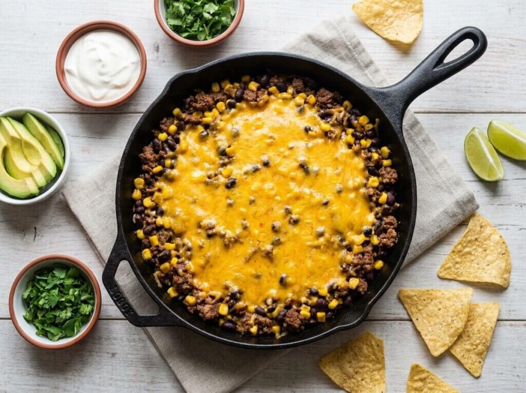 Taco skillet with melted cheddar and bowls of sour cream, avocado, cilantro, and lime