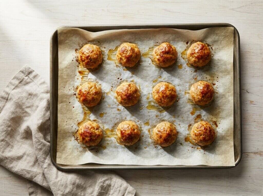 Golden baked turkey meatballs on a baking sheet