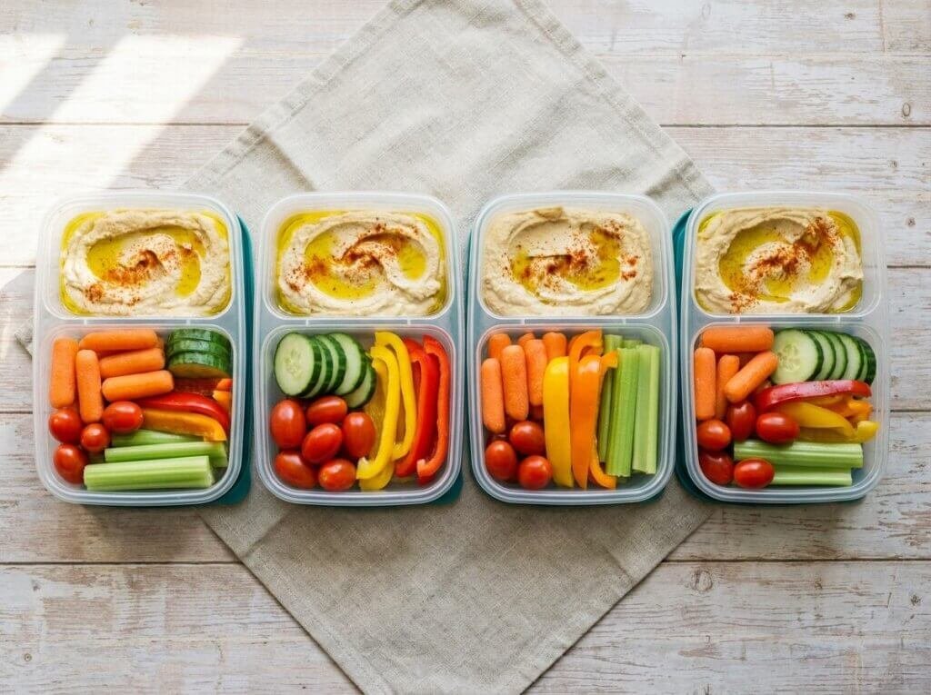 Veggie and hummus snack boxes lined up for the week