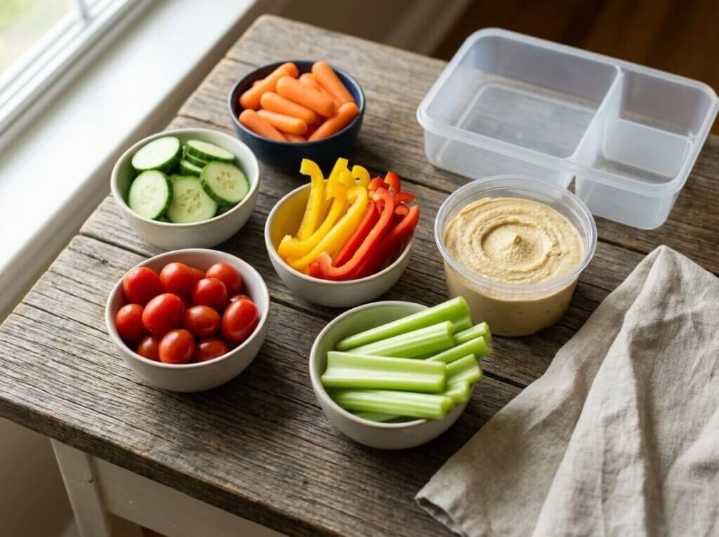 Cut vegetables and hummus ready to pack into snack boxes